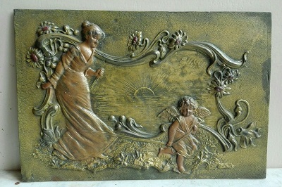 plaquette, gebronsd tin, romantische voorstelling.